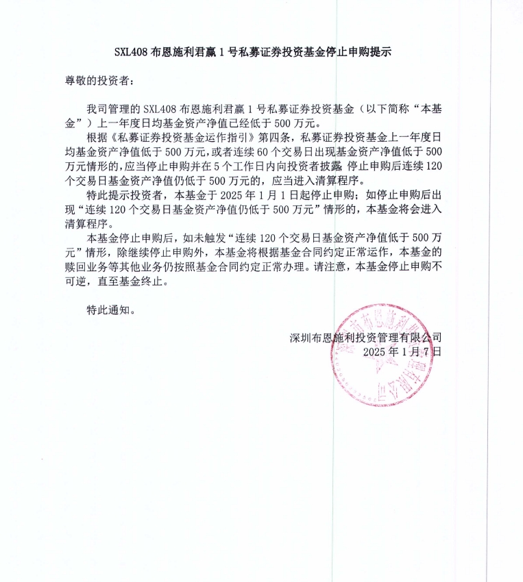 布恩施利君贏1號(hào)私募證券投資基金停止申購(gòu)提示